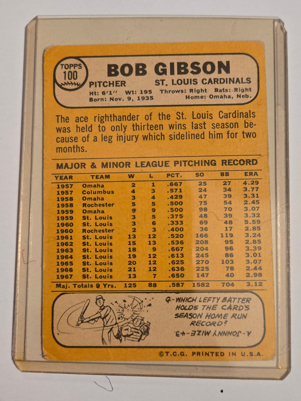 ⚾ 1968 Topps Bob Gibson #100 – Cardinals Legend & Hall of Famer